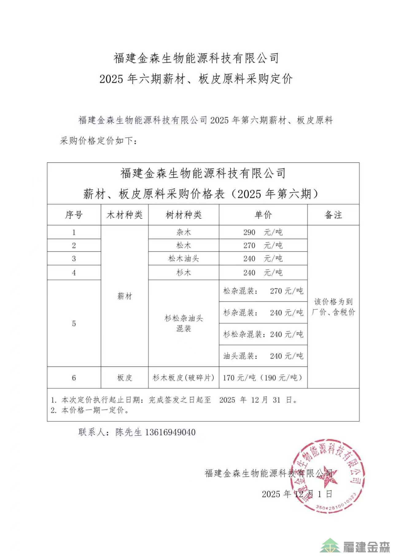 福建金森生物能源科技有限公司 2025年六期薪材、板皮原料采購定價